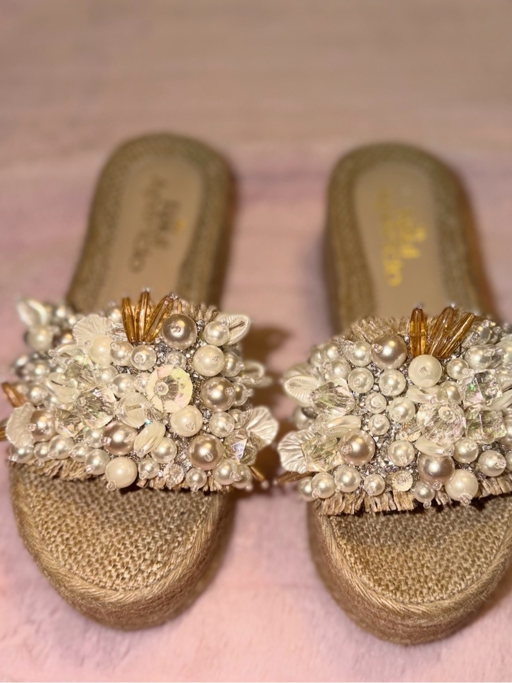 By Raul Aparicio Pearl Beaded Espadrille Platform Beach Sandals EU 37 / US 6.5-7